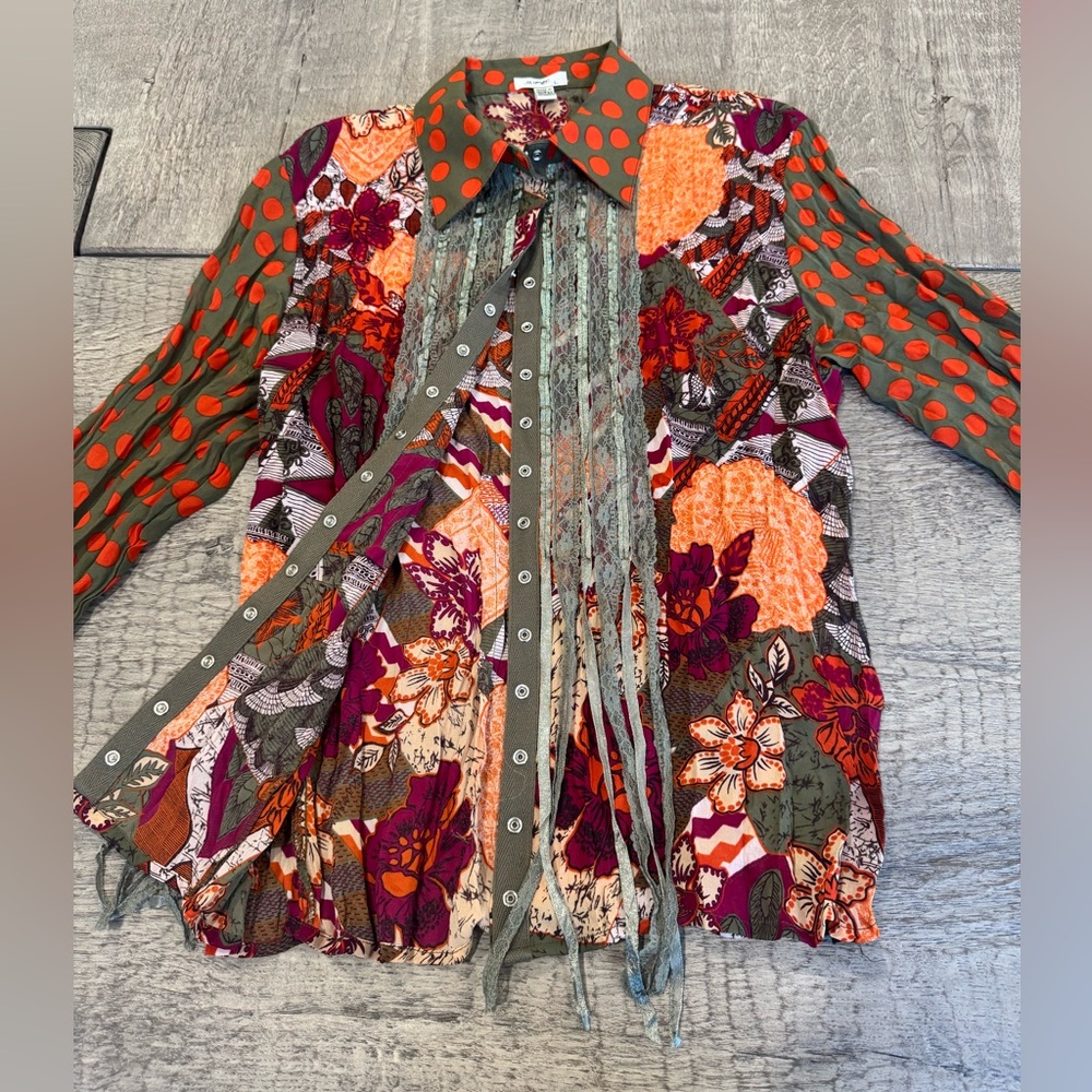 Jaipur Boho Patchwork Button Up Floral Fringe Blo… - image 3